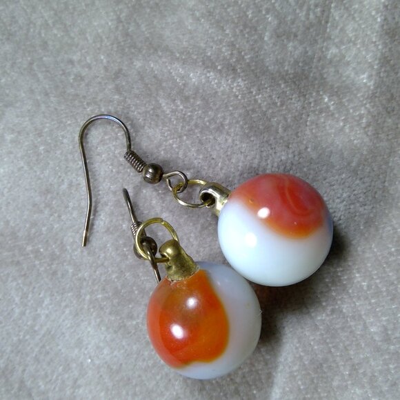Marble earrings Agate hanging white orange blue ball round - Picture 2 of 2